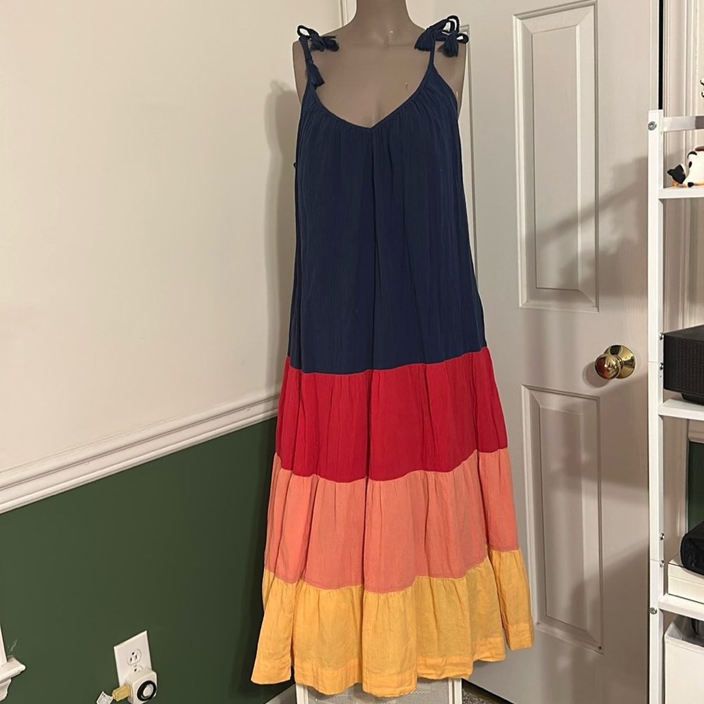 Old Navy Color Block Navy Red Orange Maxi Tiered Cami Swing Dress sz M